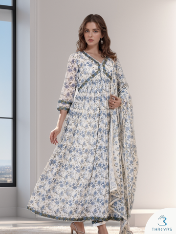 White Cotton Alia Cut Kurtis Set for women with Printed Dupatta