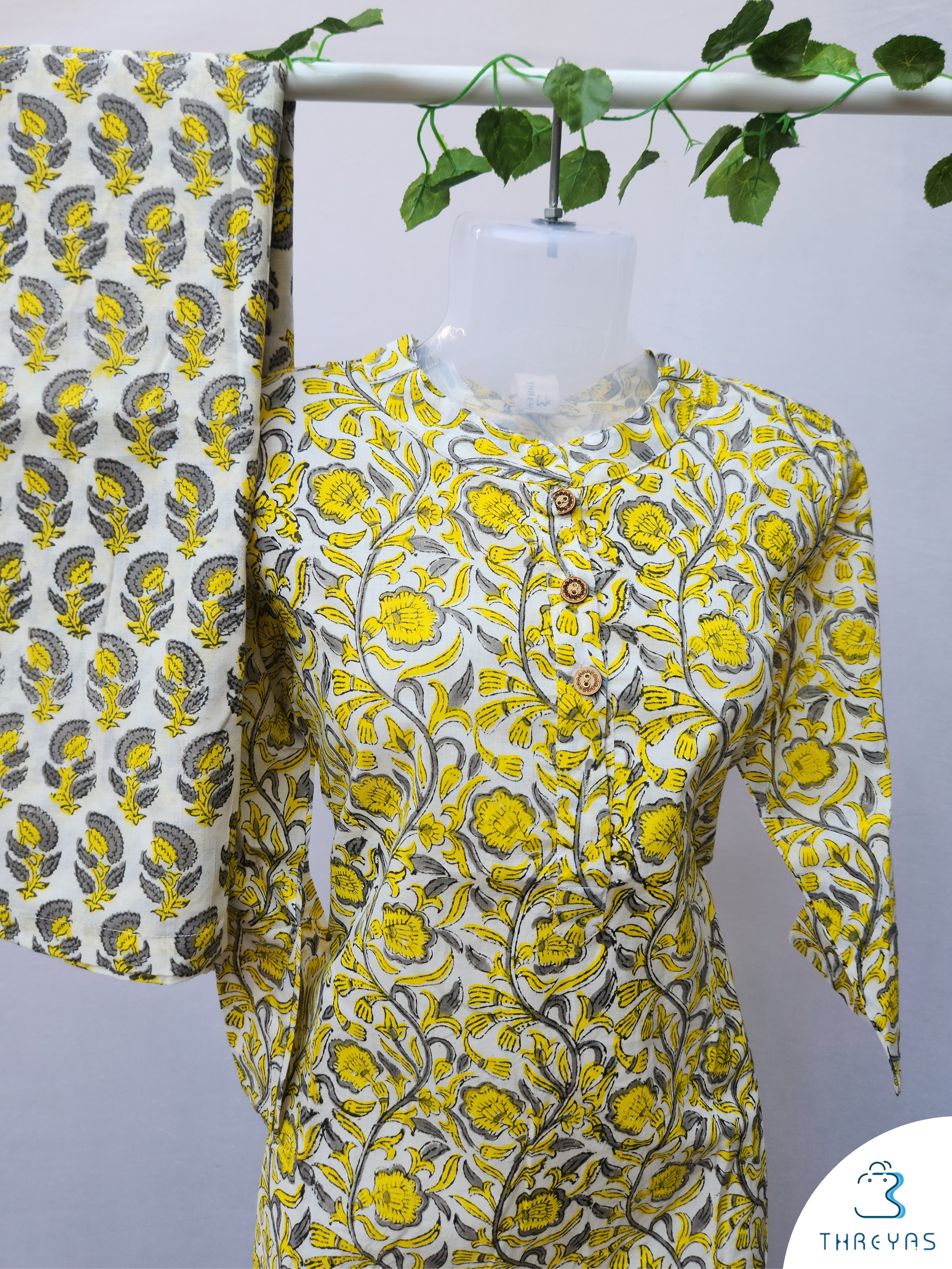 White and Yellow Cotton kurthis Set for women |  Stylish Kurthis &  Kurtis Sets for Women |  Threyas 