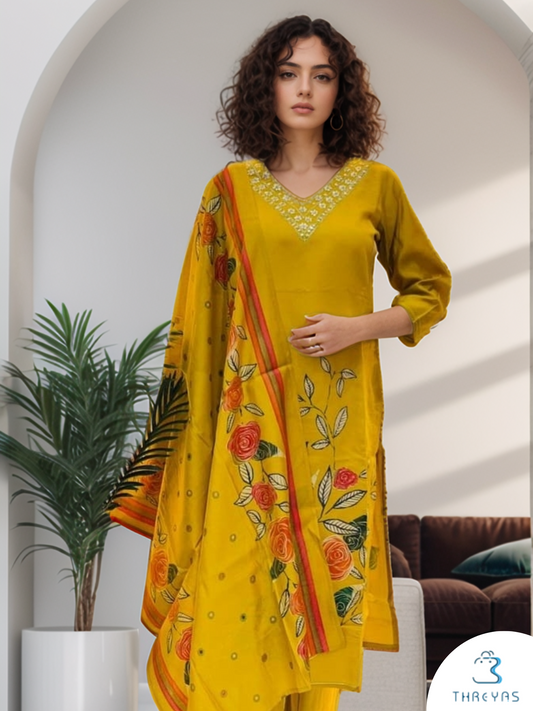 Yellow Color Kurtis Set for women with Printed Dupatta