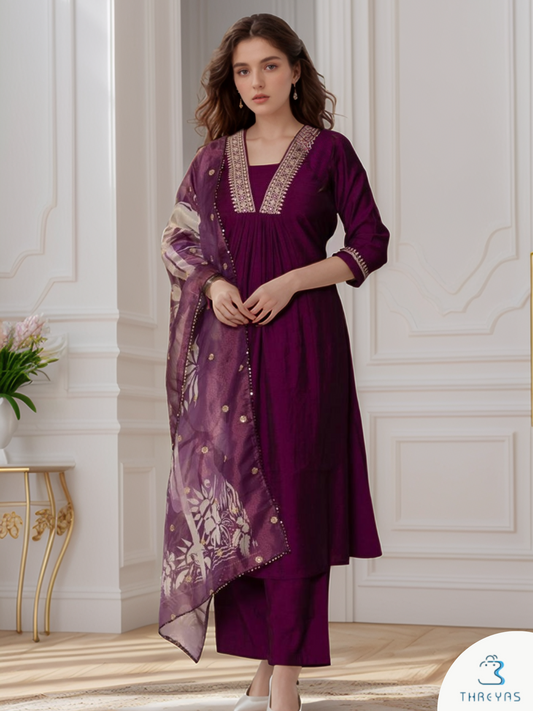 Wine Color Kurtis Set for women with Digital Floral Printed Dupatta