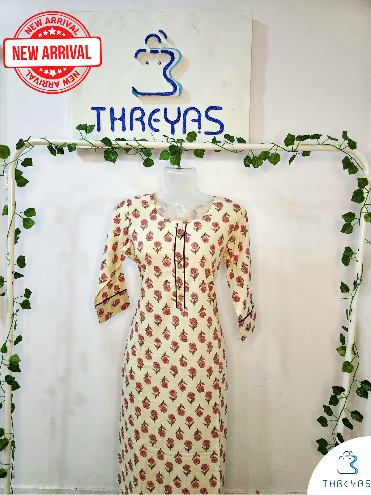 Cream Printed Long kurti for women |  Stylish Kurthis & Kurtis Sets for Women | Threyas 