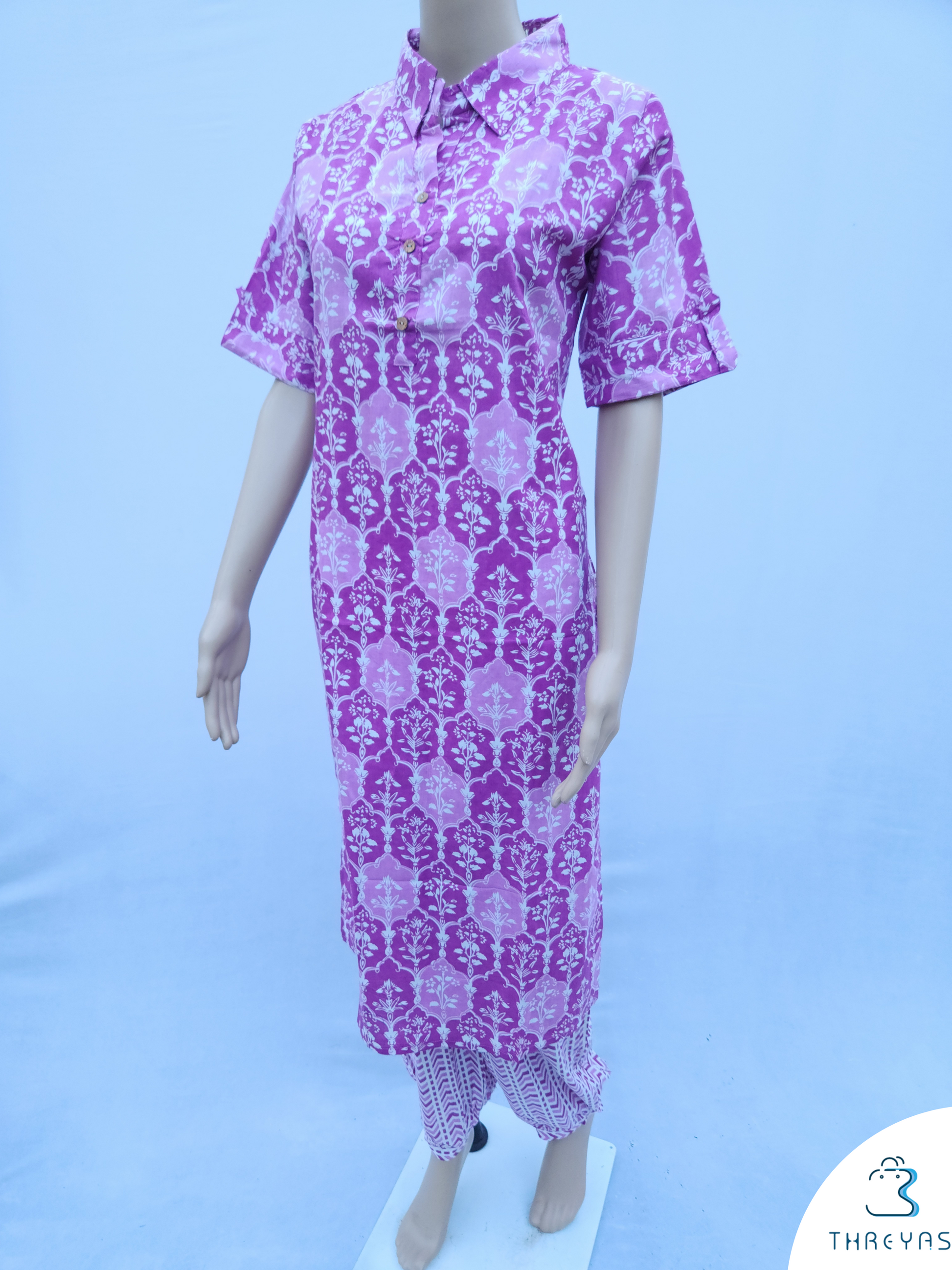 Purple Pure Cotton Kurthis set with Straight Pant for women | Stylish Kurthis & Kurtis Sets for Women | Threyas 