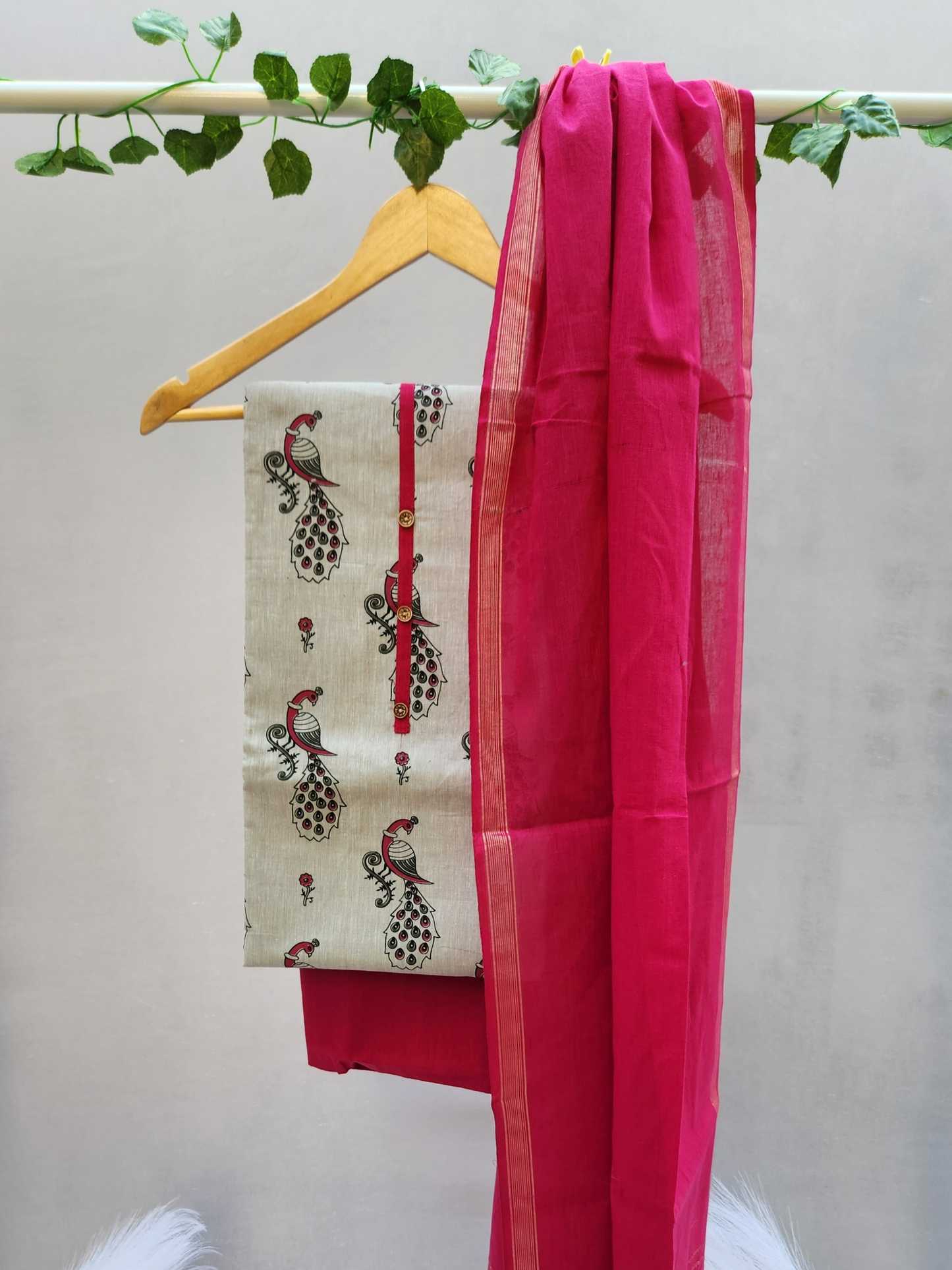 Pink & White Cotton Dress Material with Dupatta