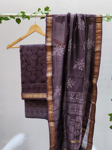 Voilet Hand Block Printed Maheshwari Silk Dress Material with Dupatta