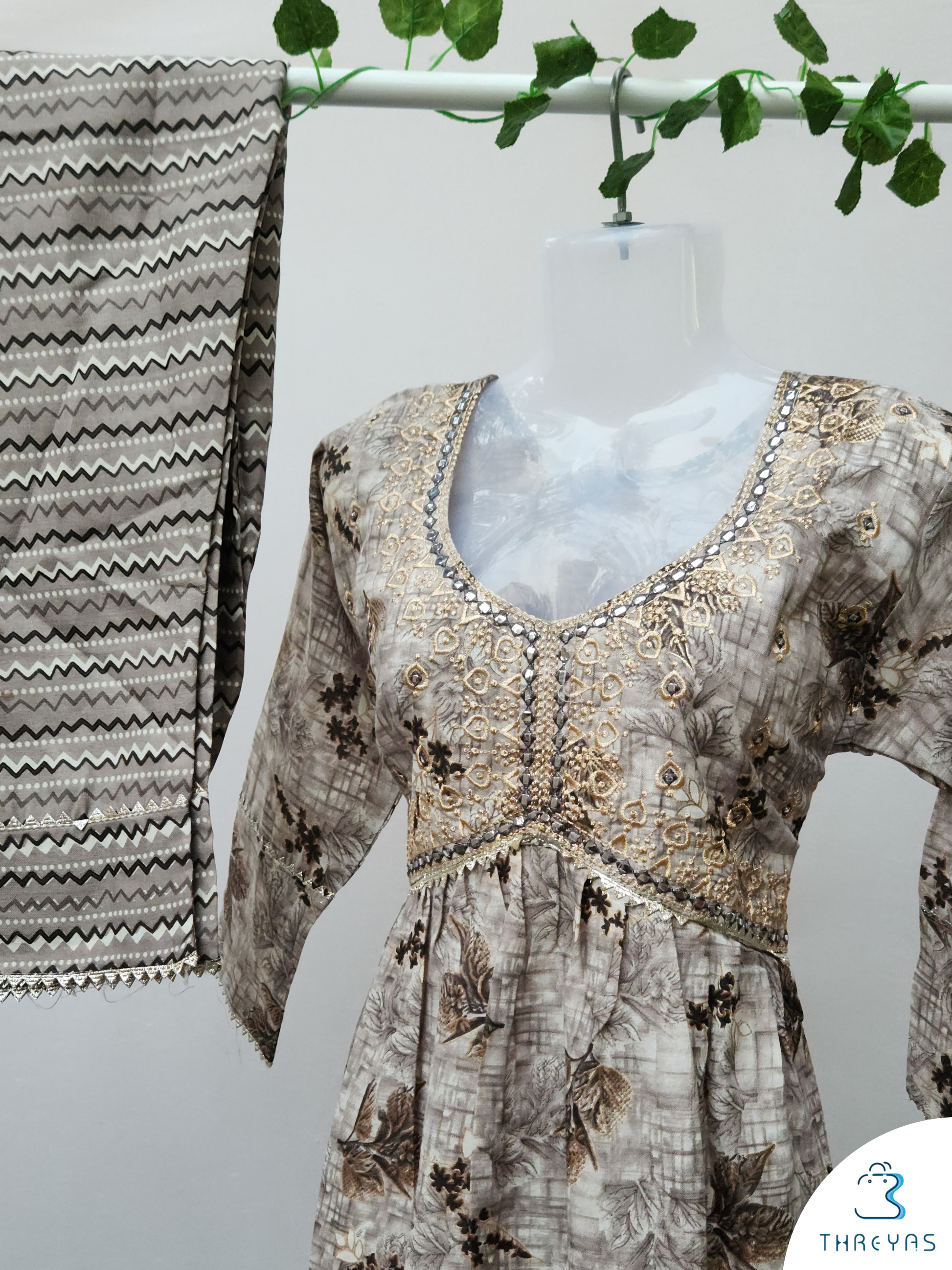White and Brown Cotton Alia Cut kurthis Set for women | Stylish Kurthis & Kurtis Sets for Women | Threyas 