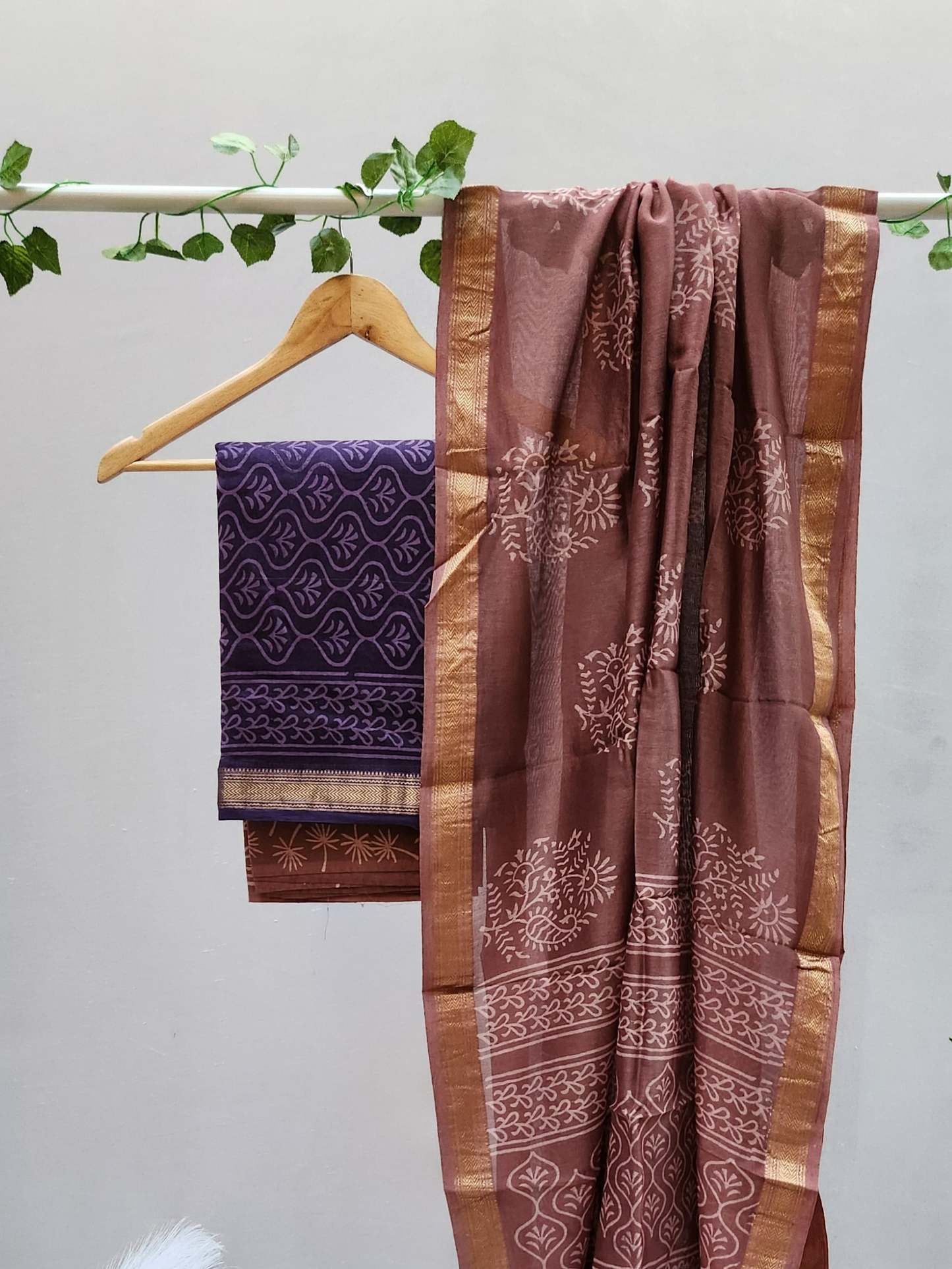 Purple & Rose Gold Hand Block Printed Maheshwari Silk Dress Material with Dupatta