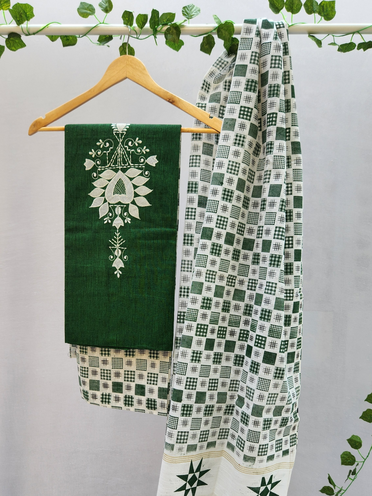 Green & White Cotton Dress Material with Dupatta