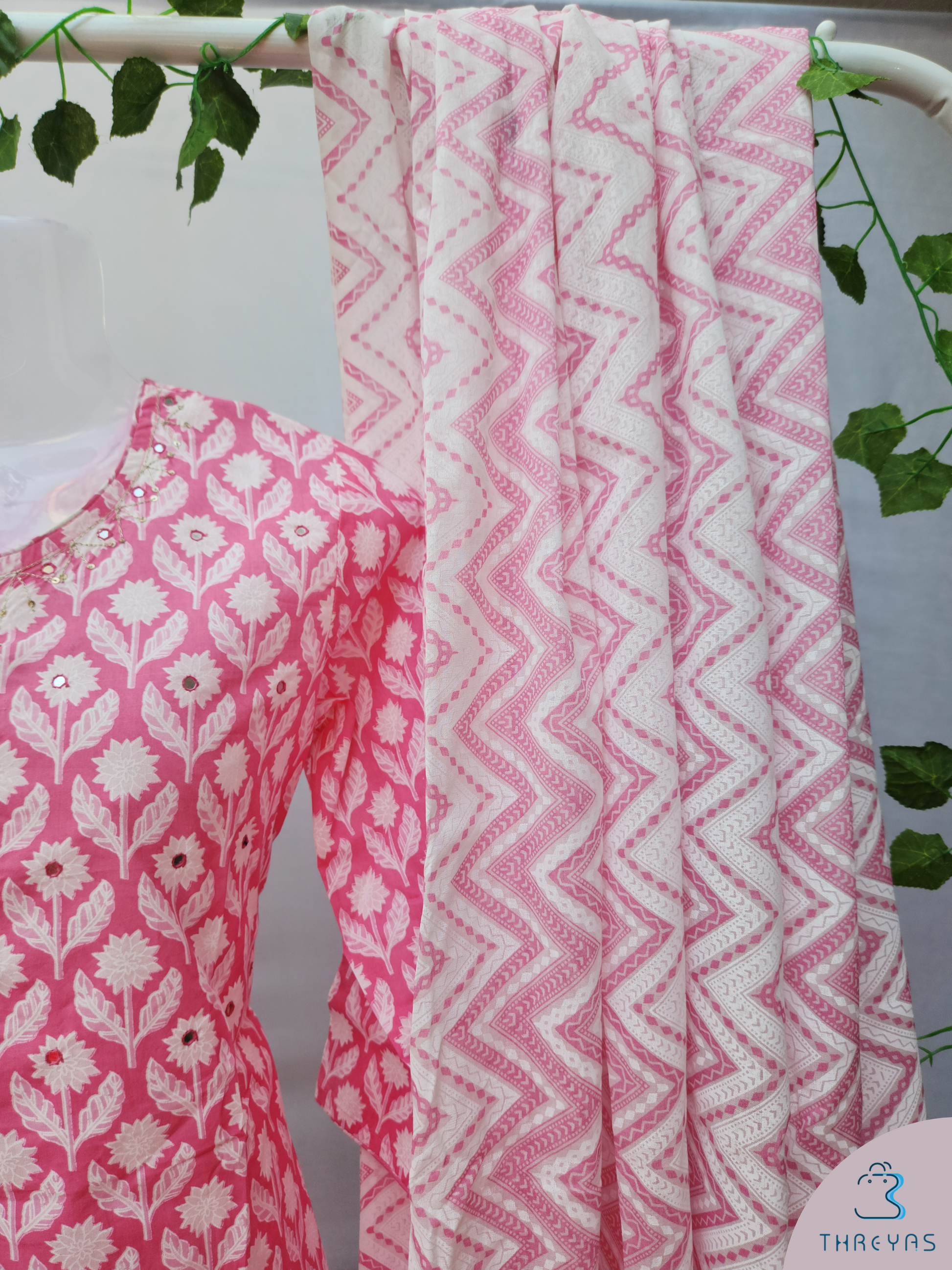 White and Pink Cotton  Kurthis Set for women |  Stylish  Kurthis &  Kurtis Sets for Women  | Threyas 