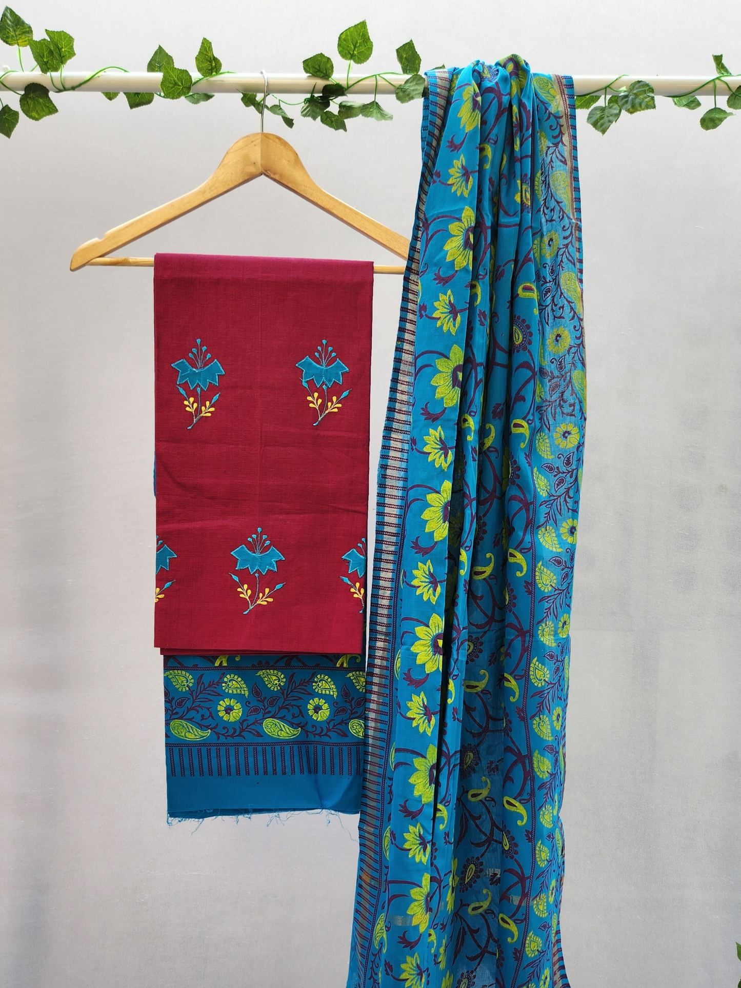 Pink & Blue Cotton Dress Material with Dupatta