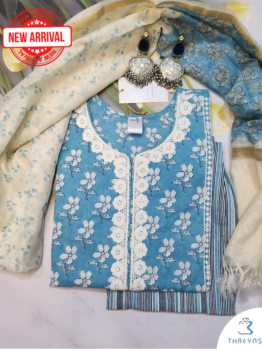 Sky Blue Cotton Kurtis Set Embellished with white Lace | Stylish Kurthis & Kurtis Sets for Women | Threyas 