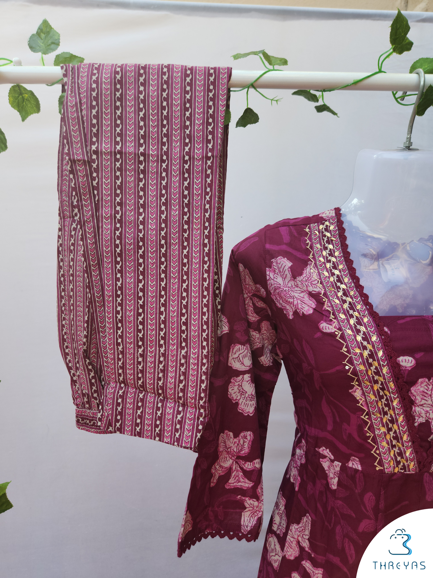 Wine Cotton Kurthis Set for women |  Stylish Kurthis & Kurtis Sets for Women |  Threyas 