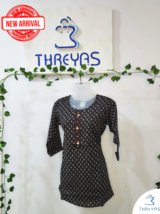 Black Cotton Short Kurti for women | Short Kurthis for jeans | Threyas