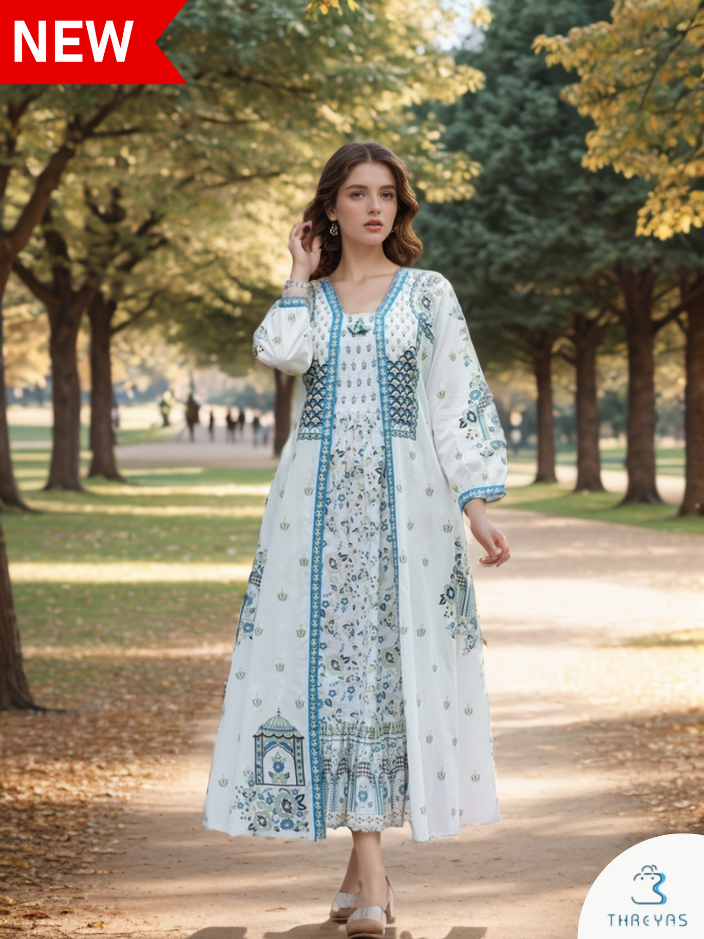 White Designer Cotton Midi Dress with Block Printed Over Coat