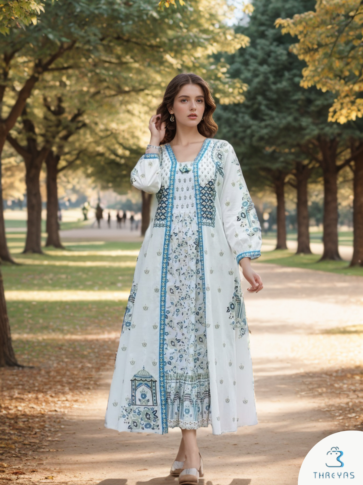 White Designer Cotton Midi Dress with Block Printed Over Coat