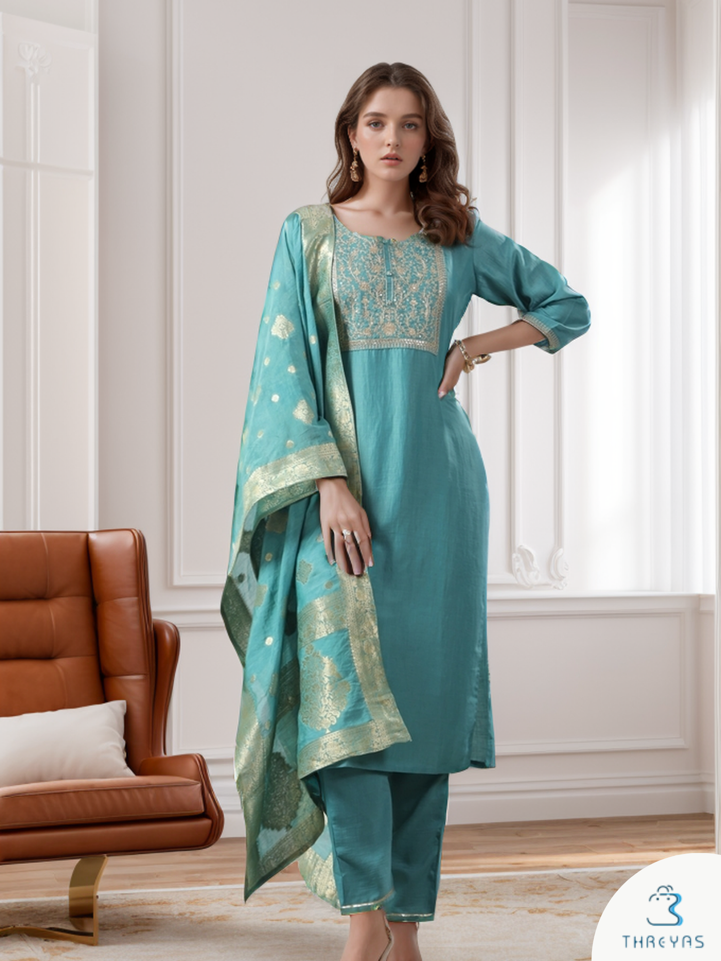 Blue Kurtis Set for women with Benarasi Dupatta