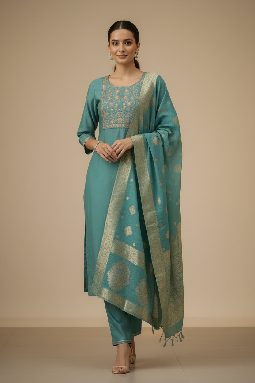 Blue Kurtis Set for women with Benarasi Dupatta