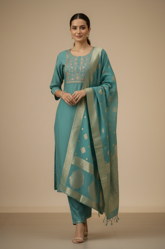 Blue Kurtis Set for women with Benarasi Dupatta