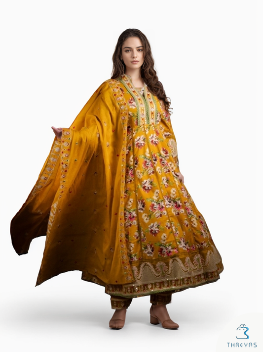 Musturd Cotton Anarkali Kurtis Set for women with Dupatta