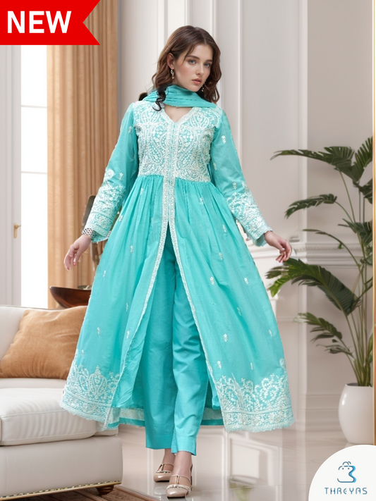 Sky Blue Front Slit Cotton Kurtis Set for women with All Over Thread Work