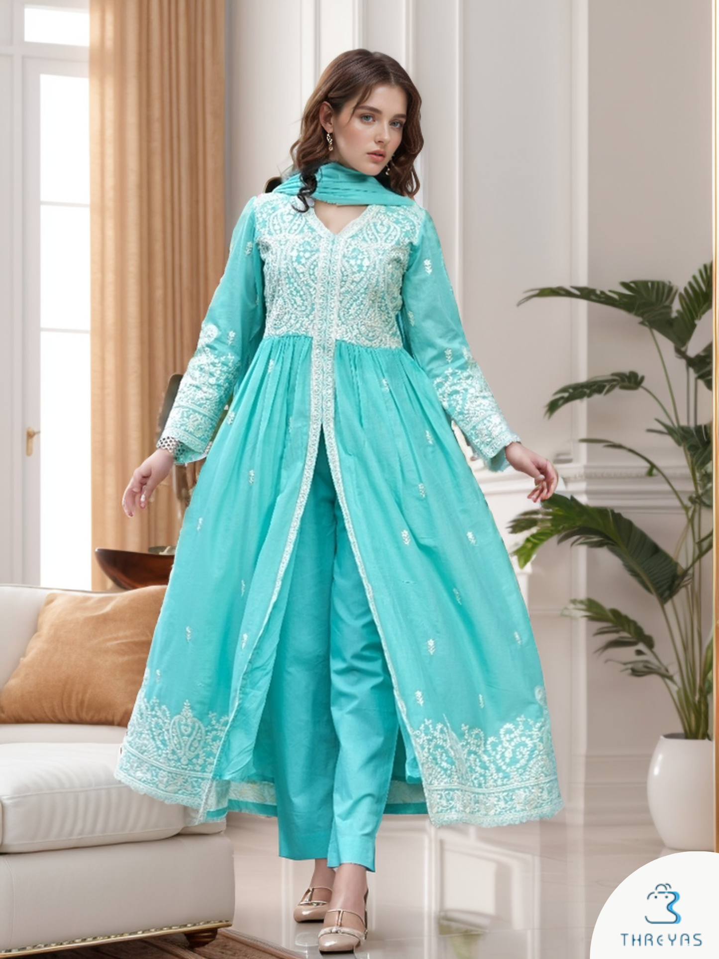 Sky Blue Front Slit Cotton Kurtis Set for women with All Over Thread Work