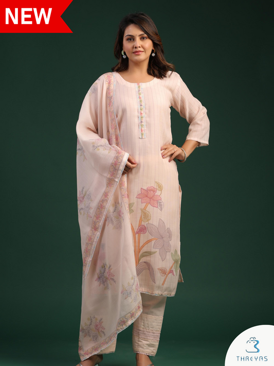 Peach Cotton Kurtis Set for women with All Over Hand Painted
