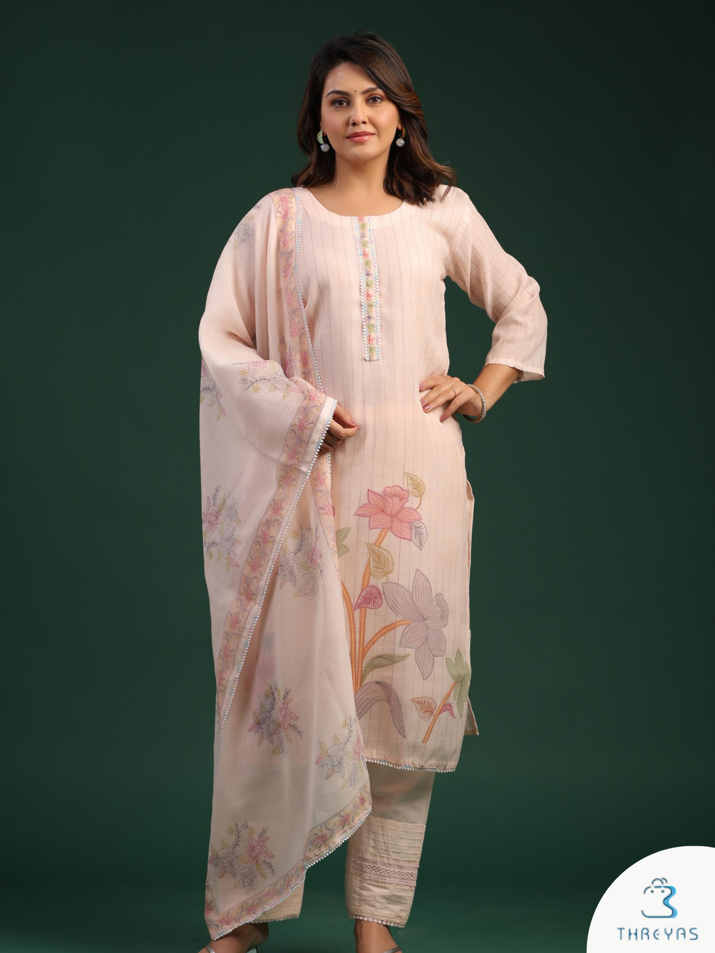 Peach Cotton Kurtis Set for women with All Over Hand Painted