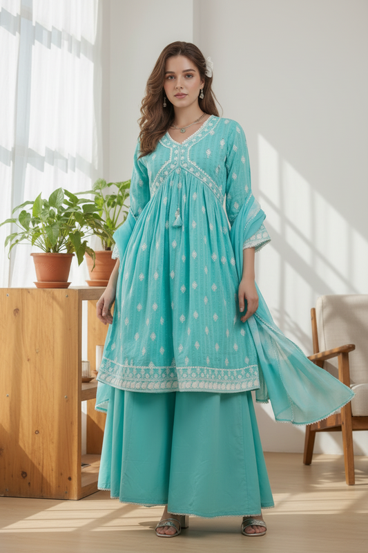 Sky Blue Alia Cut Kurtis Set for Women with Thread Work