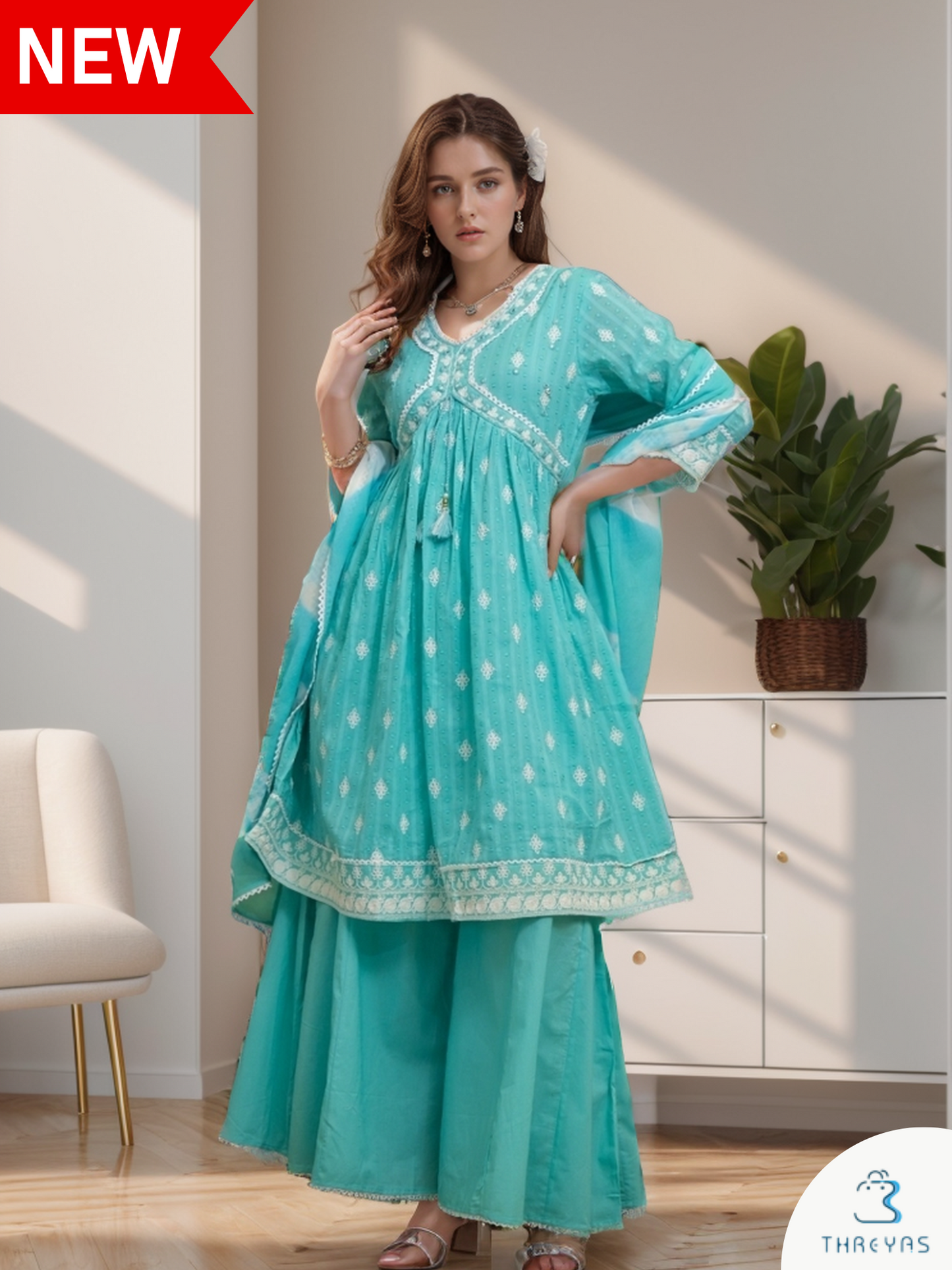 Sky Blue Alia Cut Kurtis Set for women with All over Thread work