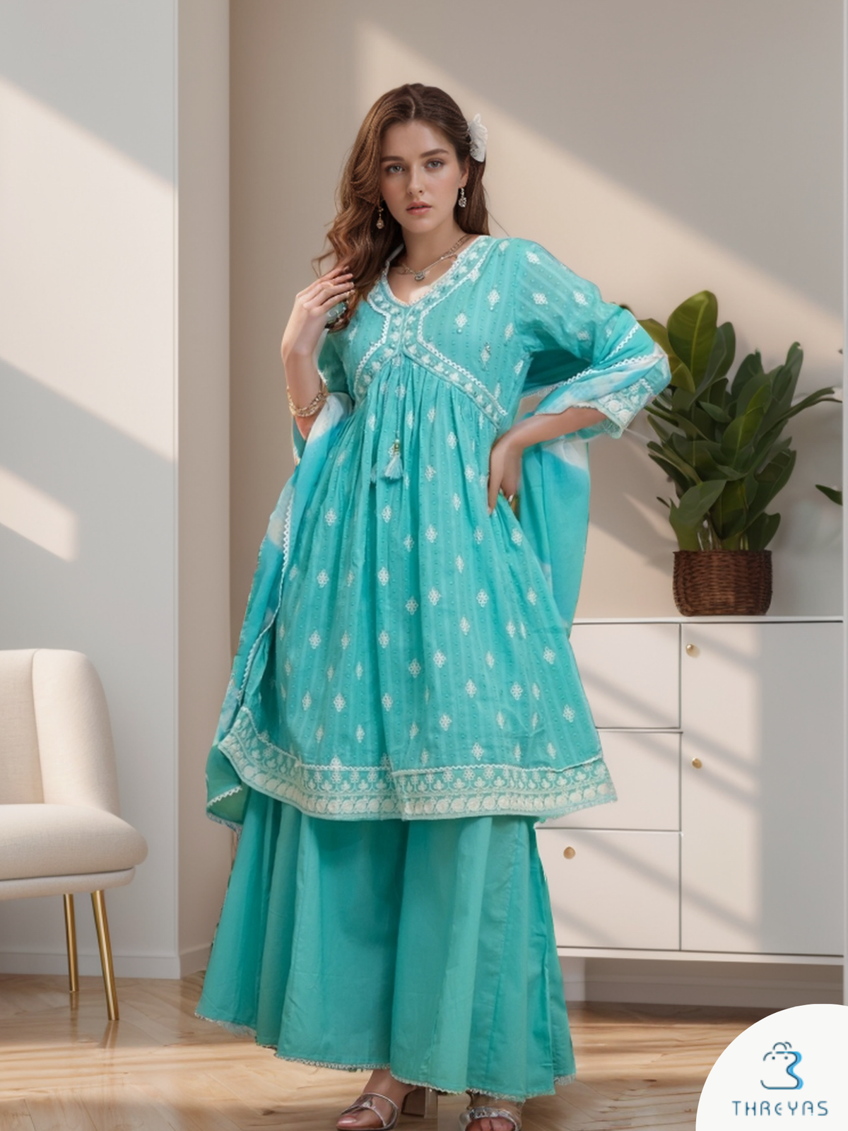 Sky Blue Alia Cut Kurtis Set for women with All over Thread work