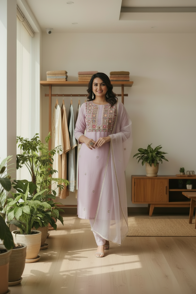 Purple Embroidery Kurtis Set for Women with Dupatta