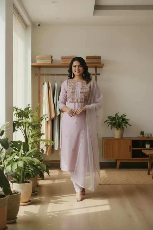 Purple Embroidery Kurtis Set for Women with Dupatta