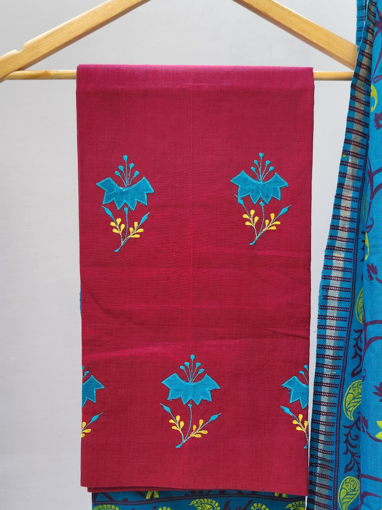 Pink & Blue Cotton Dress Material with Dupatta