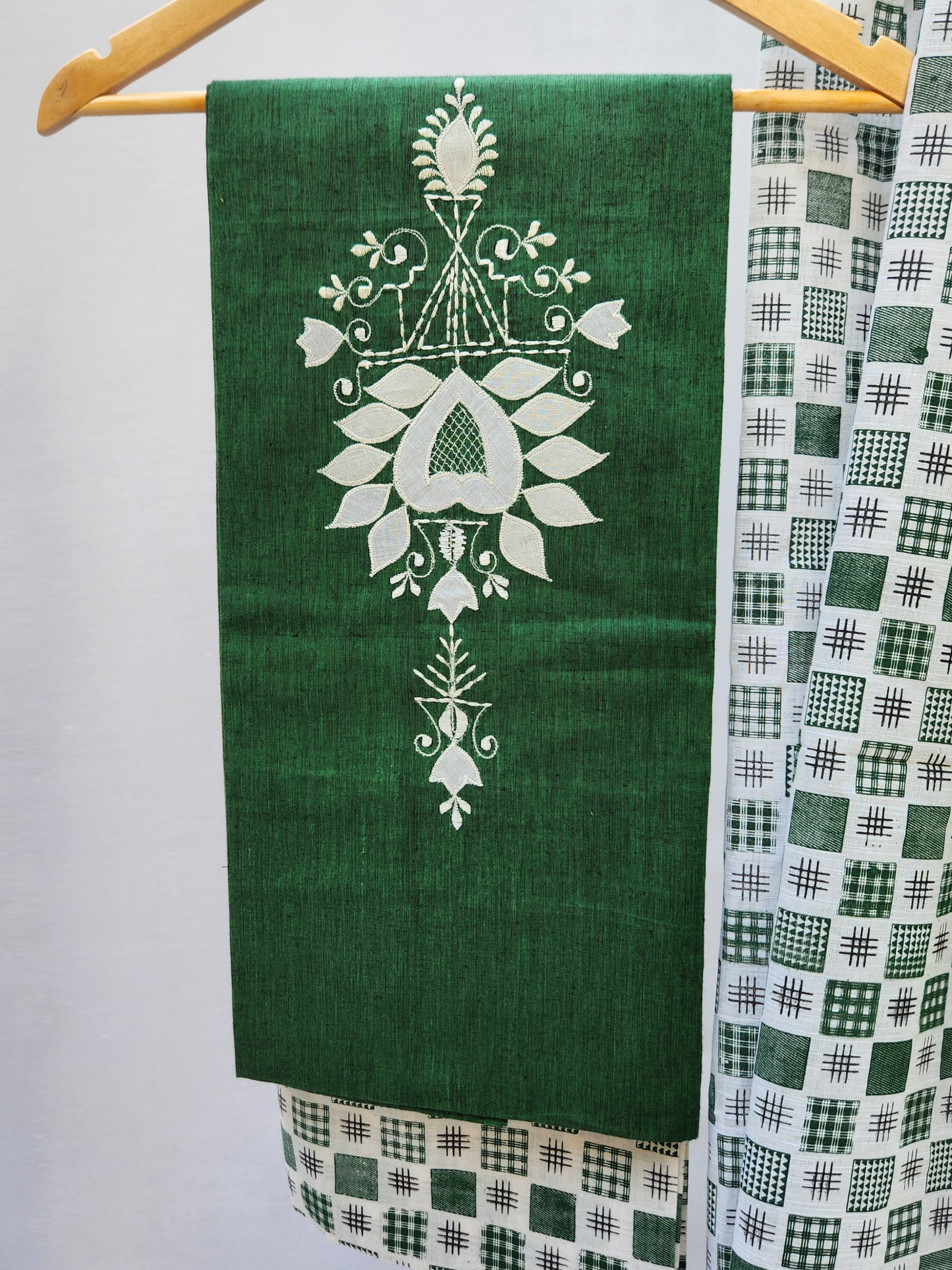 Green & White Cotton Dress Material with Dupatta