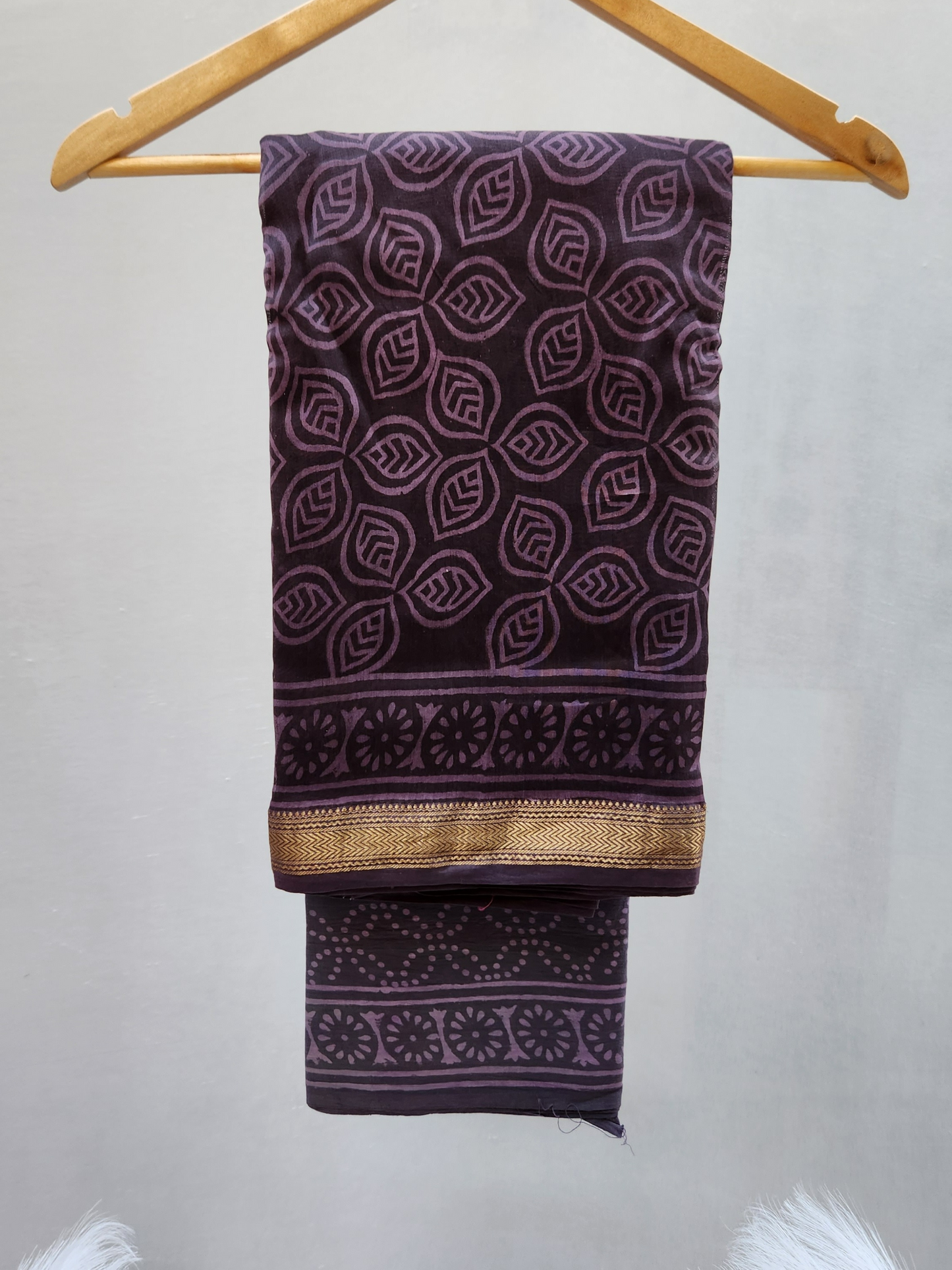 Voilet Hand Block Printed Maheshwari Silk Dress Material with Dupatta