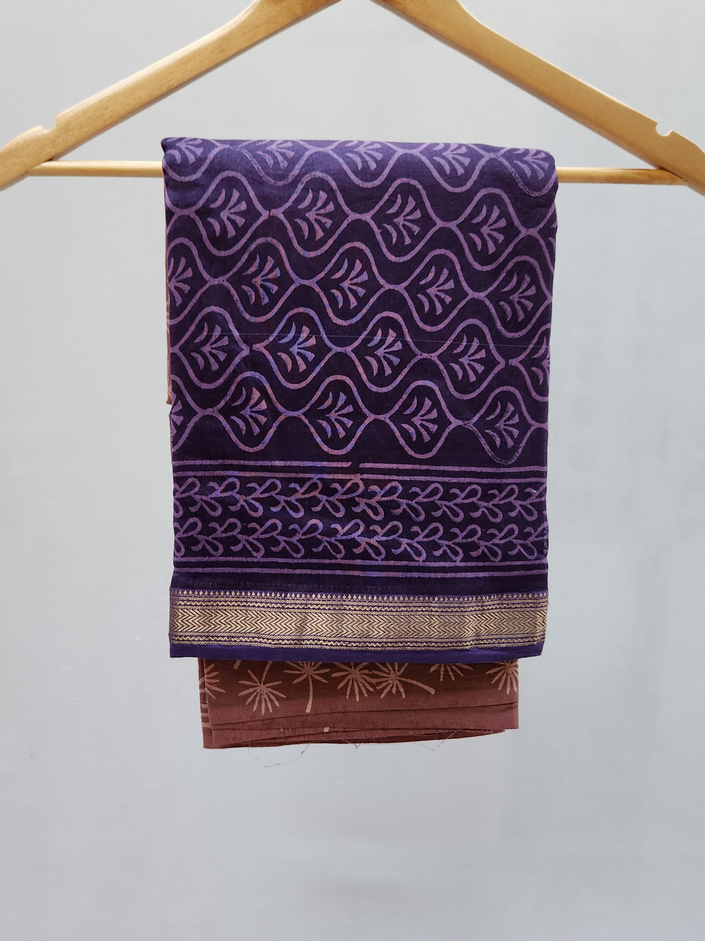 Purple & Rose Gold Hand Block Printed Maheshwari Silk Dress Material with Dupatta