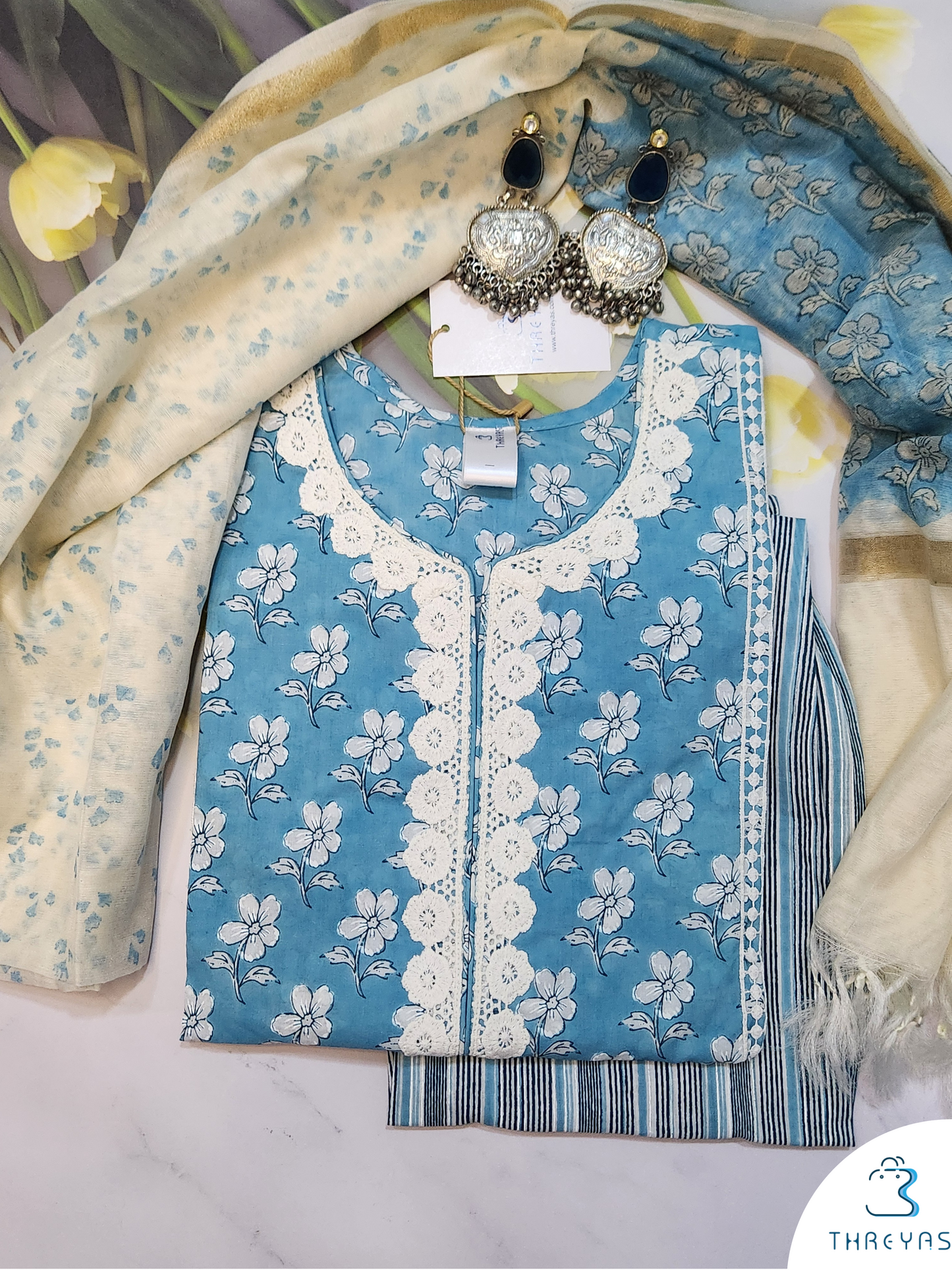 Sky Blue Cotton Kurthis Set Embellished with white Lace for women | Stylish Kurthis & Kurtis Sets for Women | Threyas 