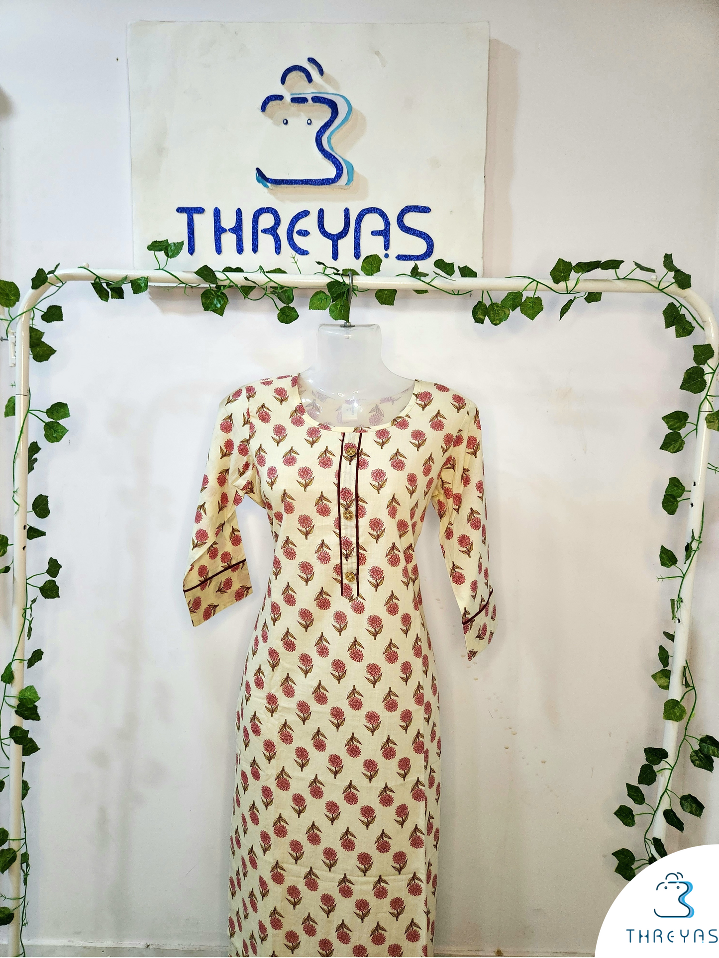Cream Printed Long kurti for women |  Stylish Kurthis & Kurtis Sets for Women | Threyas 