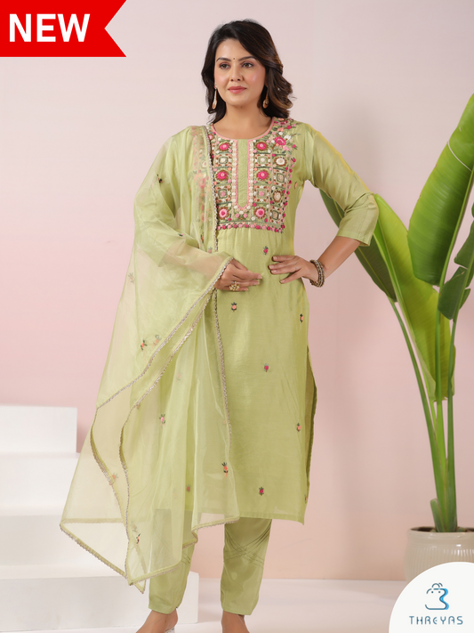 Green Embroidery Kurtis Set for women with Dupatta