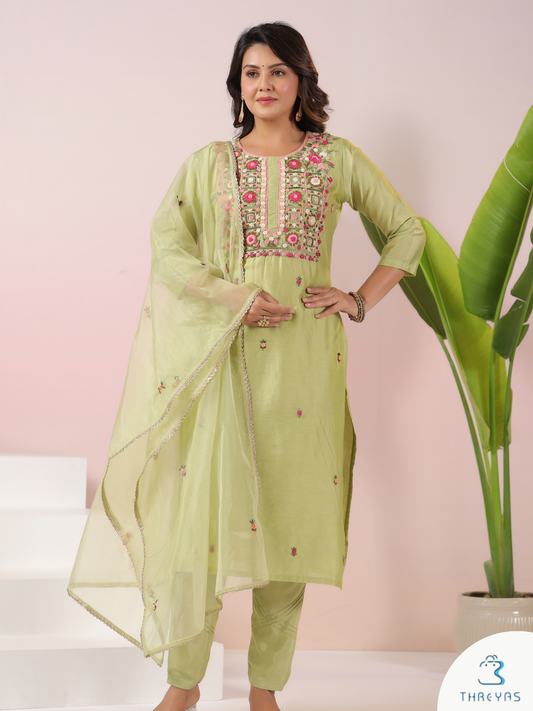 Green Embroidery Kurtis Set for women with Dupatta