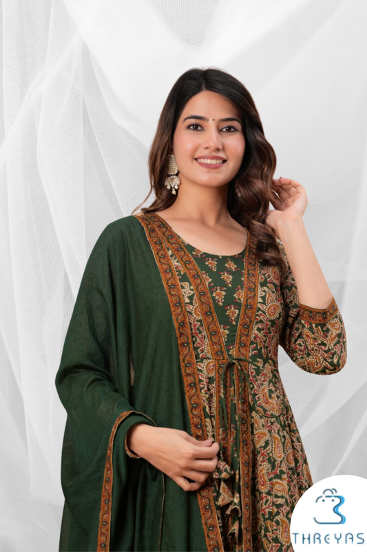 Green Cotton two layered Kurtis Set for women with Chanderi Dupatta