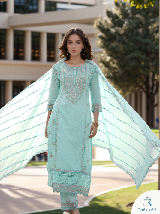 Light Blue Cotton Kurtis Set With All Over Work for women with Dupatta