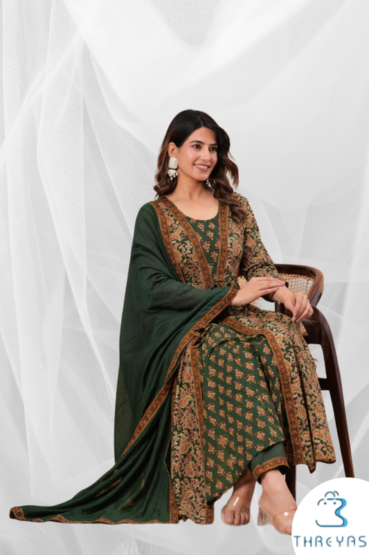 Green Cotton two layered Kurtis Set for women with Chanderi Dupatta