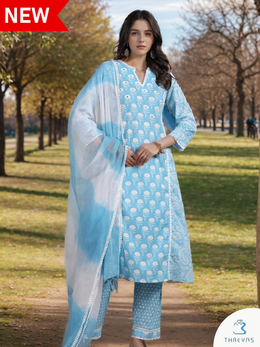 Sky Blue Cotton Kurtis Set with lace and Mirror work for women with Dupatta