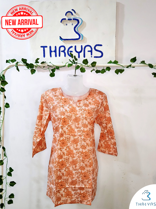 Orange Cotton Short Kurti for women | Stylish Kurthis & Kurtis Sets for Women | Threyas 