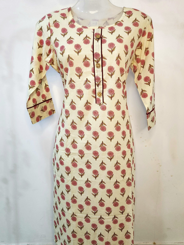 Cream Printed Long kurti for women |  Stylish Kurthis & Kurtis Sets for Women | Threyas 