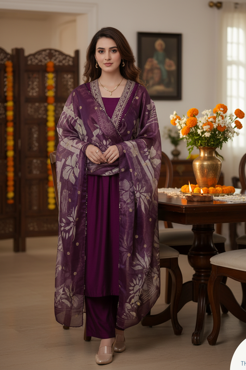 Wine Color Kurti Set for Women with Digital Floral Printed Dupatta