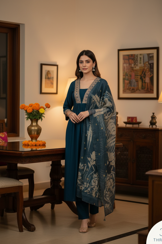Blue Kurti Set for Women with Digital Floral Printed Dupatta