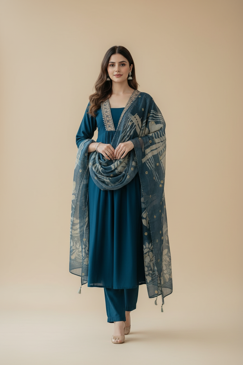 Blue Muslin Kurti Set for Women with Digital Floral Printed Dupatta