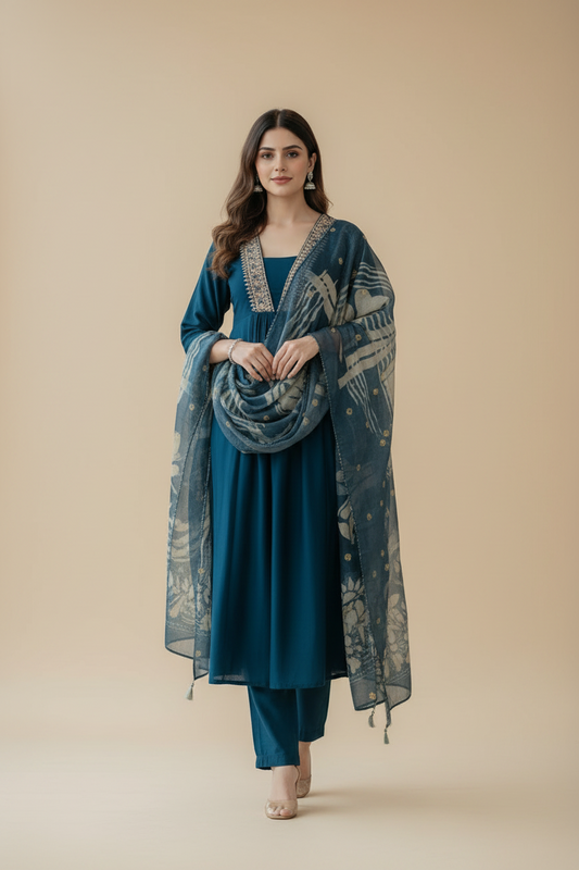 Blue Muslin Kurti Set for Women with Digital Floral Printed Dupatta