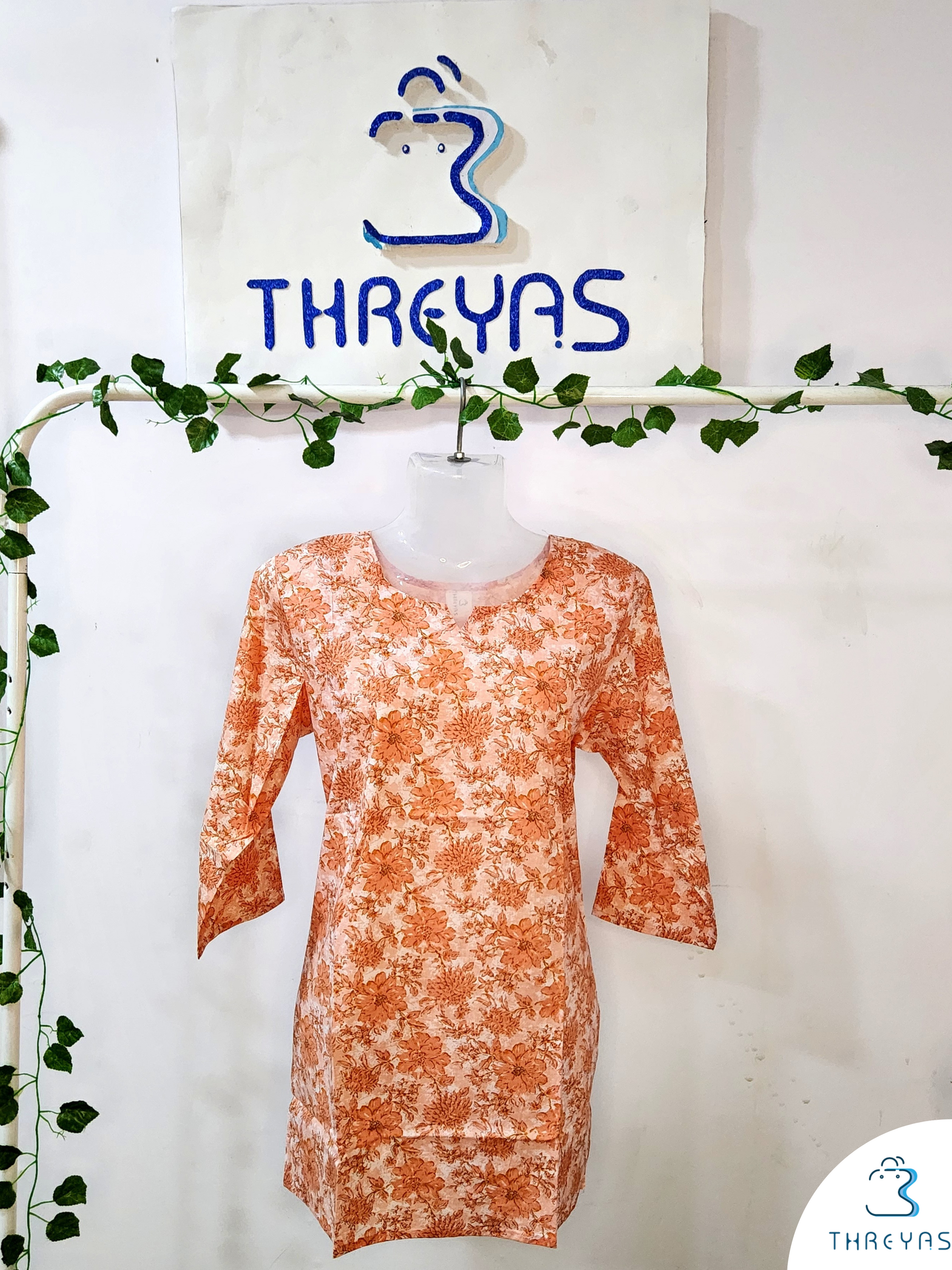 Orange Cotton Short Kurti for women | Stylish Kurthis & Kurtis Sets for Women | Threyas 